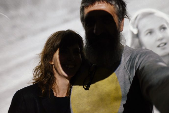 <p>the exhibition is a curatorial coop by Jörg Koopmann and Lene Harbo Pedersen, here posing at William E. Jones ´Killed´ video</p>

